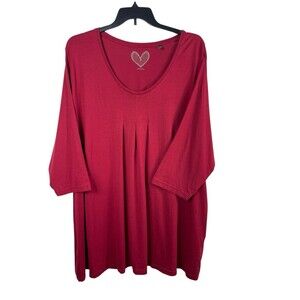 Ulla Popken Women’s Plus 28/30 Red Pleated Tunic Top 3/4 Sleeve Scoop  Neck